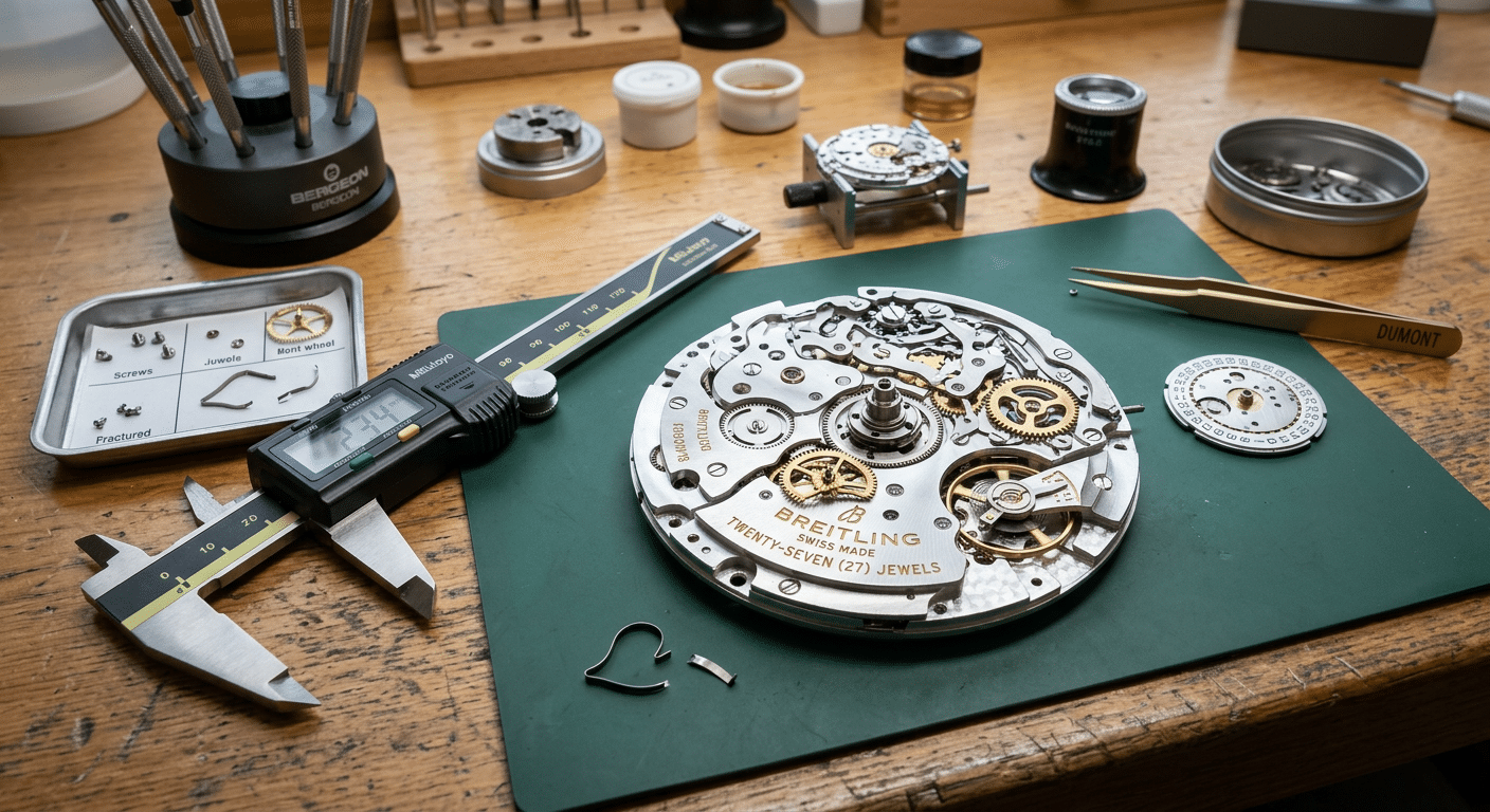 A disassembled chronograph movement showing bent intermediate clutch wheel and fractured date jumper spring on a watchmaker's workbench with measurement calipers