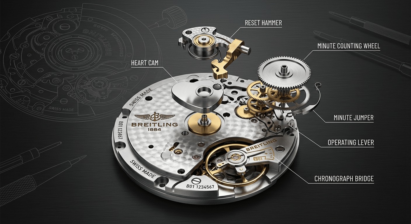 Exploded view of 7750 chronograph module highlighting heart cam, reset hammer, and minute counting wheel assembly