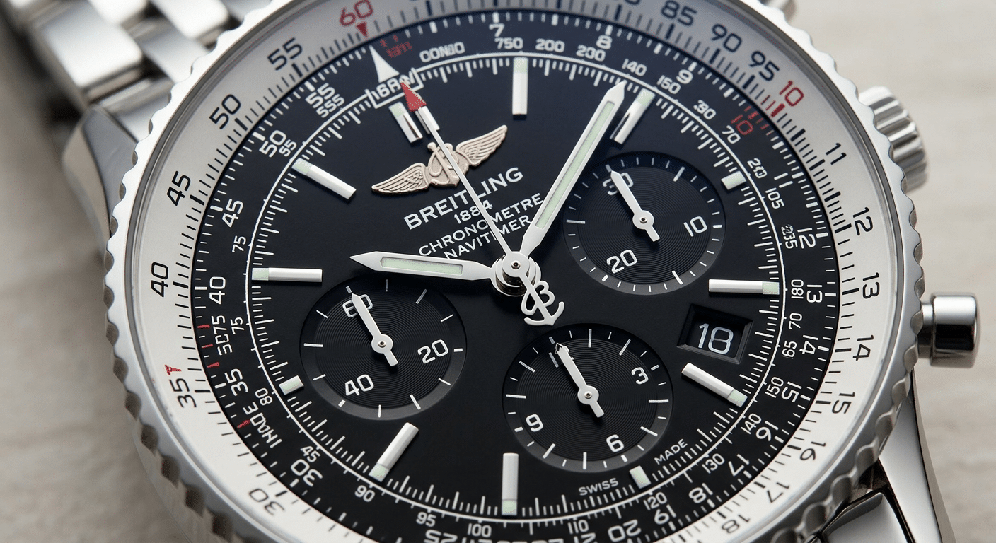 A close-up shot of a Breitling replica chronograph dial, highlighting sub-dials and main hands, emphasizing clarity.