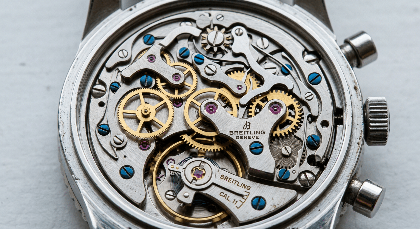 A vintage chronograph movement, showing the intricate gear train dictating sub-dial positions.
