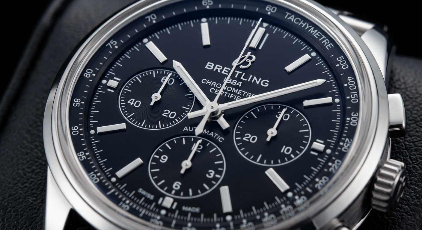A Breitling replica dial with a 3-6-9 sub-dial layout, showcasing its symmetrical balance.