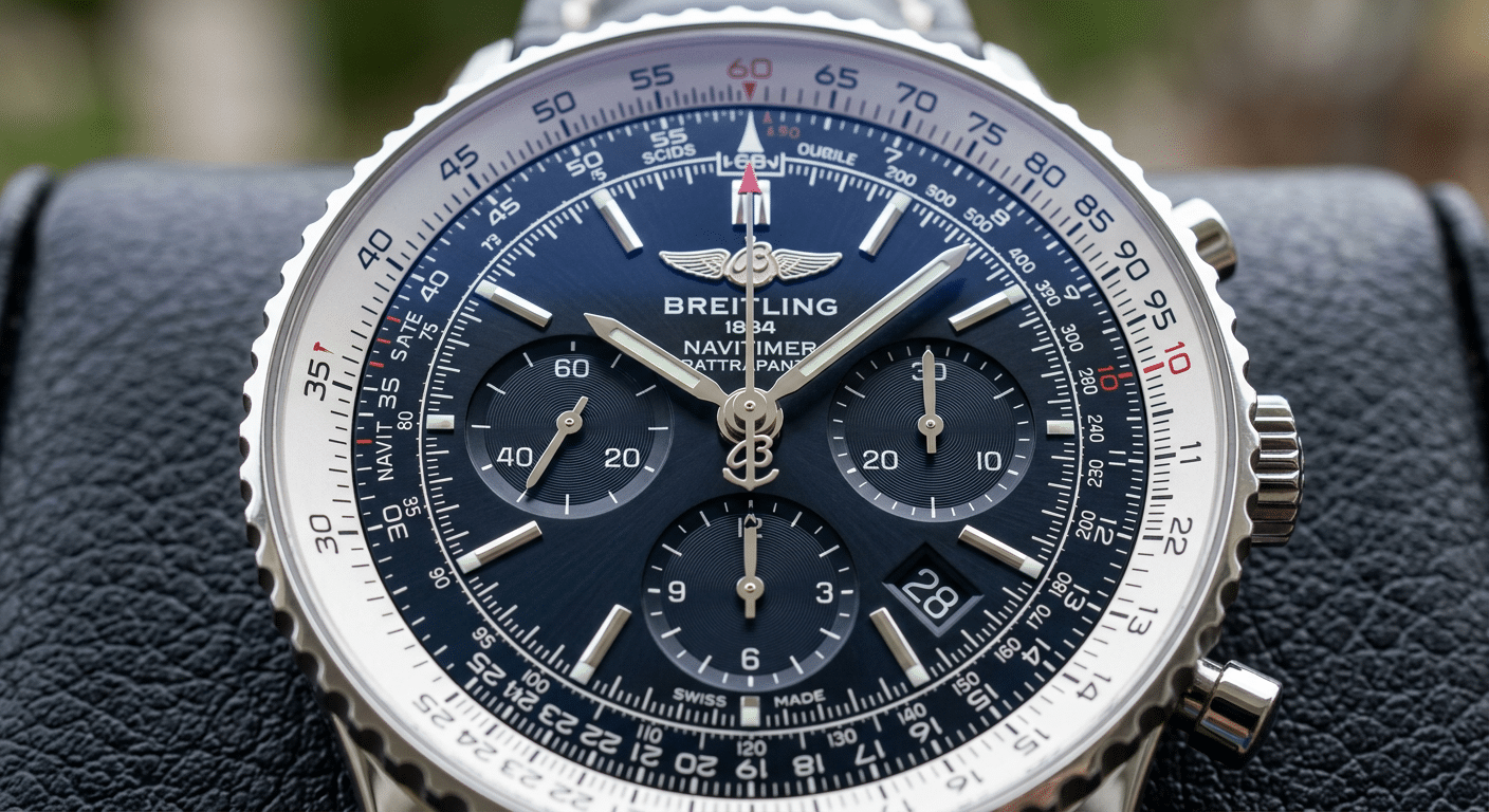 Macro shot of a Breitling Super Clone chronograph dial with a non-functional split-seconds hand.