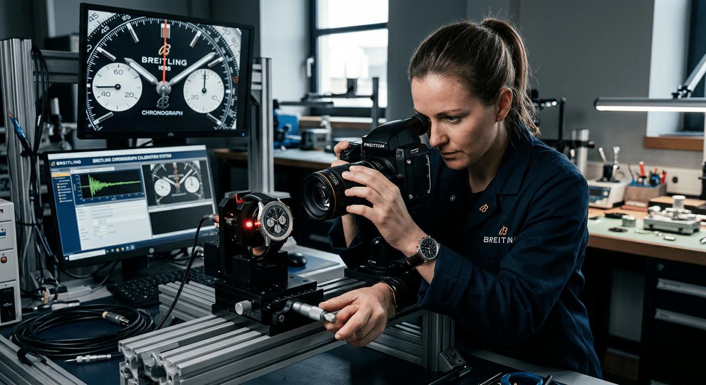 A technician calibrating a high-speed camera setup for chronograph testing.