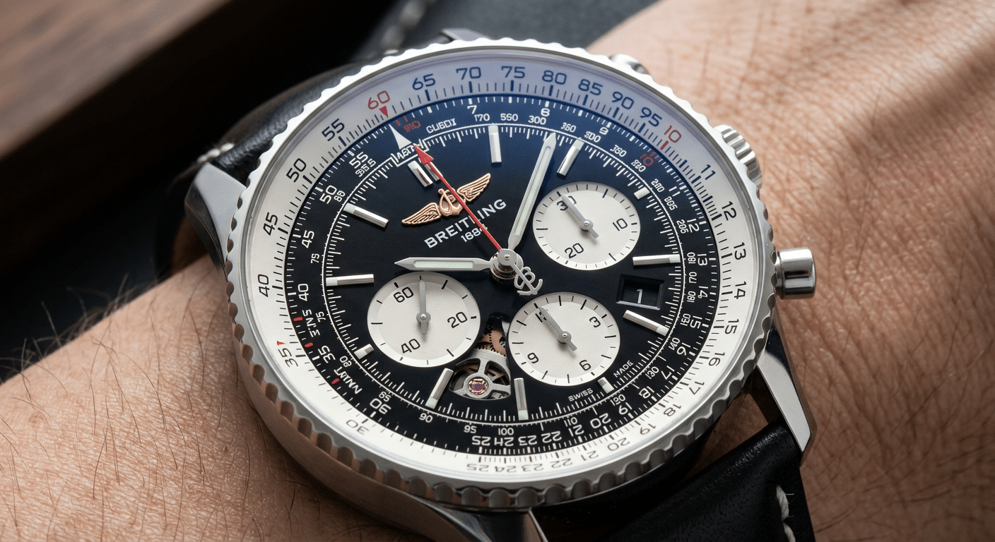 Close-up of a chronograph's reset mechanism showing hands returning to zero.