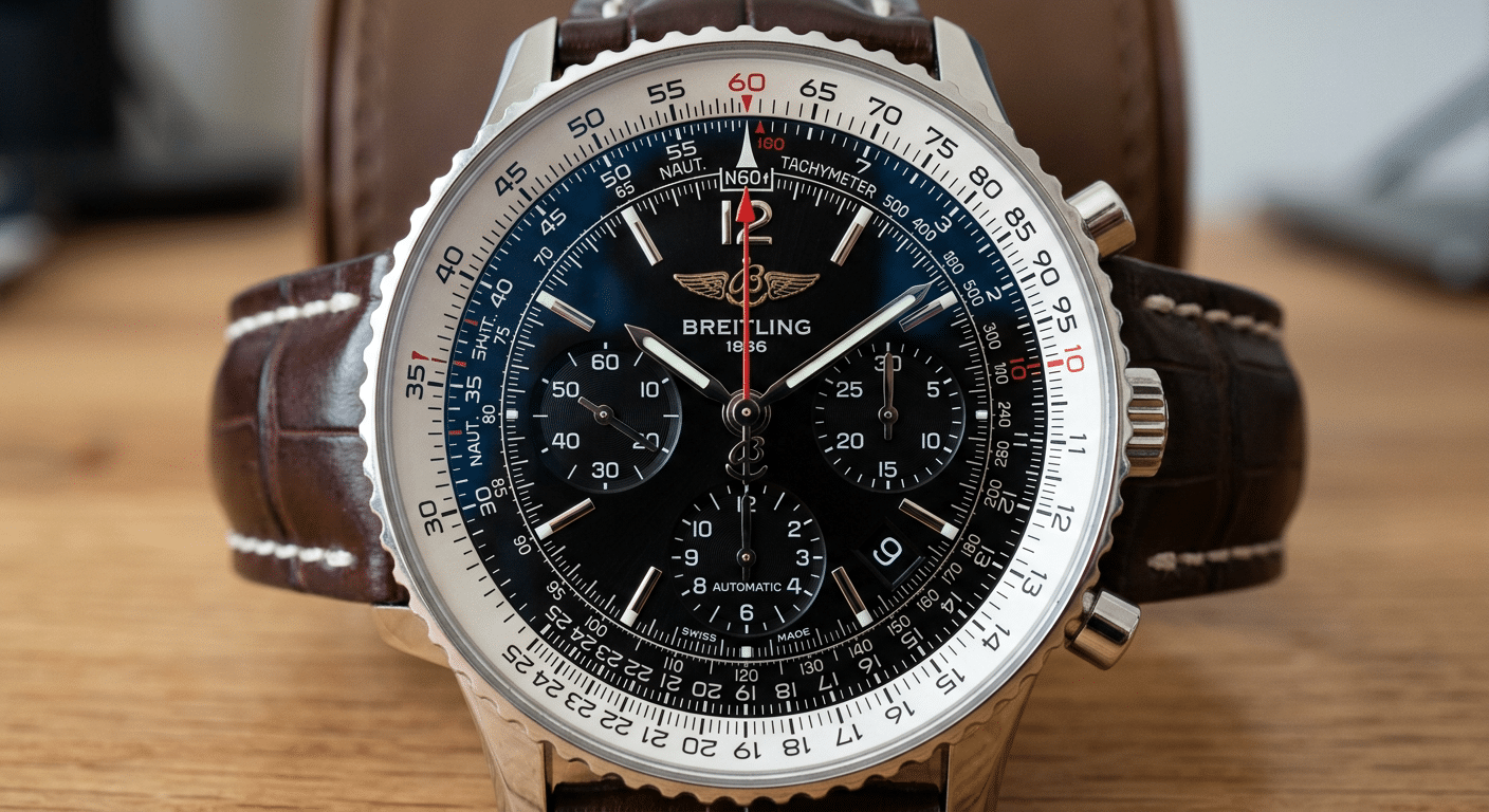 Close-up of a Breitling super clone chronograph dial displaying multiple scales, highlighting the precision of the printed numerals and tracks.
