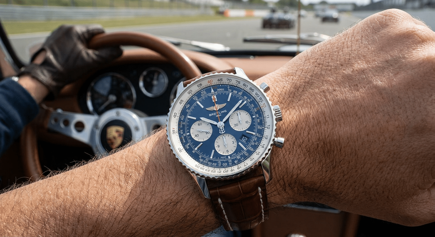A Breitling chronograph with the tachymeter scale clearly visible, showing the seconds hand pointing to a speed reading after a timed interval.