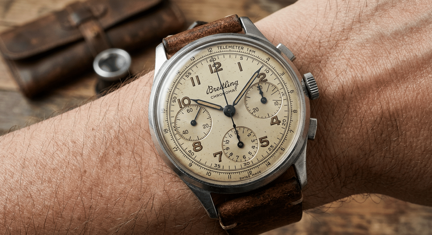 A vintage-style Breitling chronograph dial featuring a prominent telemeter scale alongside other chronograph functions.