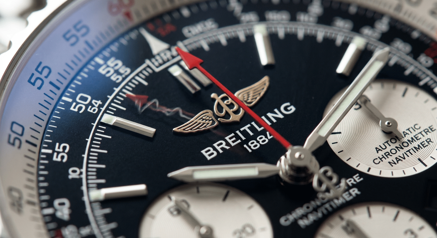 A close-up, magnified view of a replica Breitling chronograph seconds hand exhibiting an irregular, jerky motion over the dial indices.
