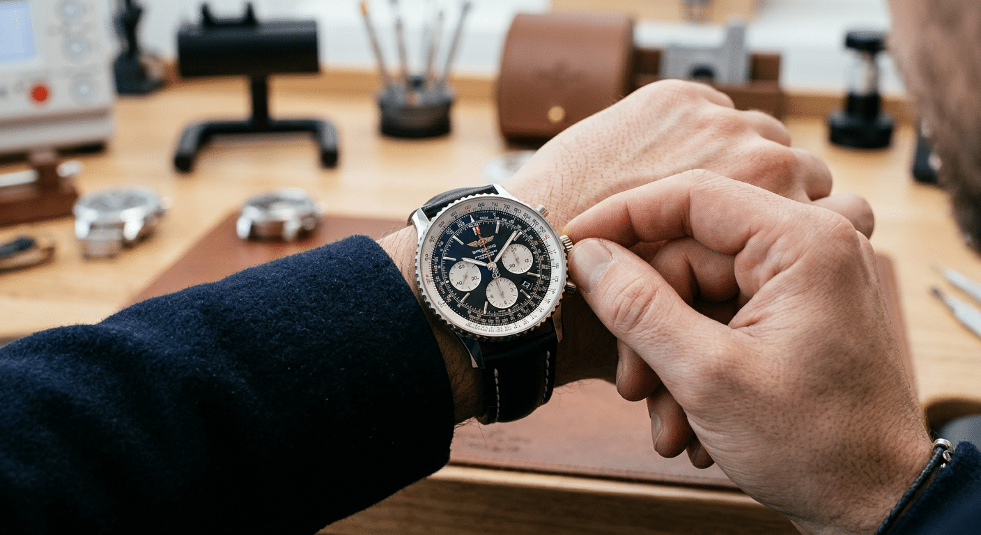 A hand adjusting the crown of a replica Breitling chronograph, demonstrating proper winding and setting technique.