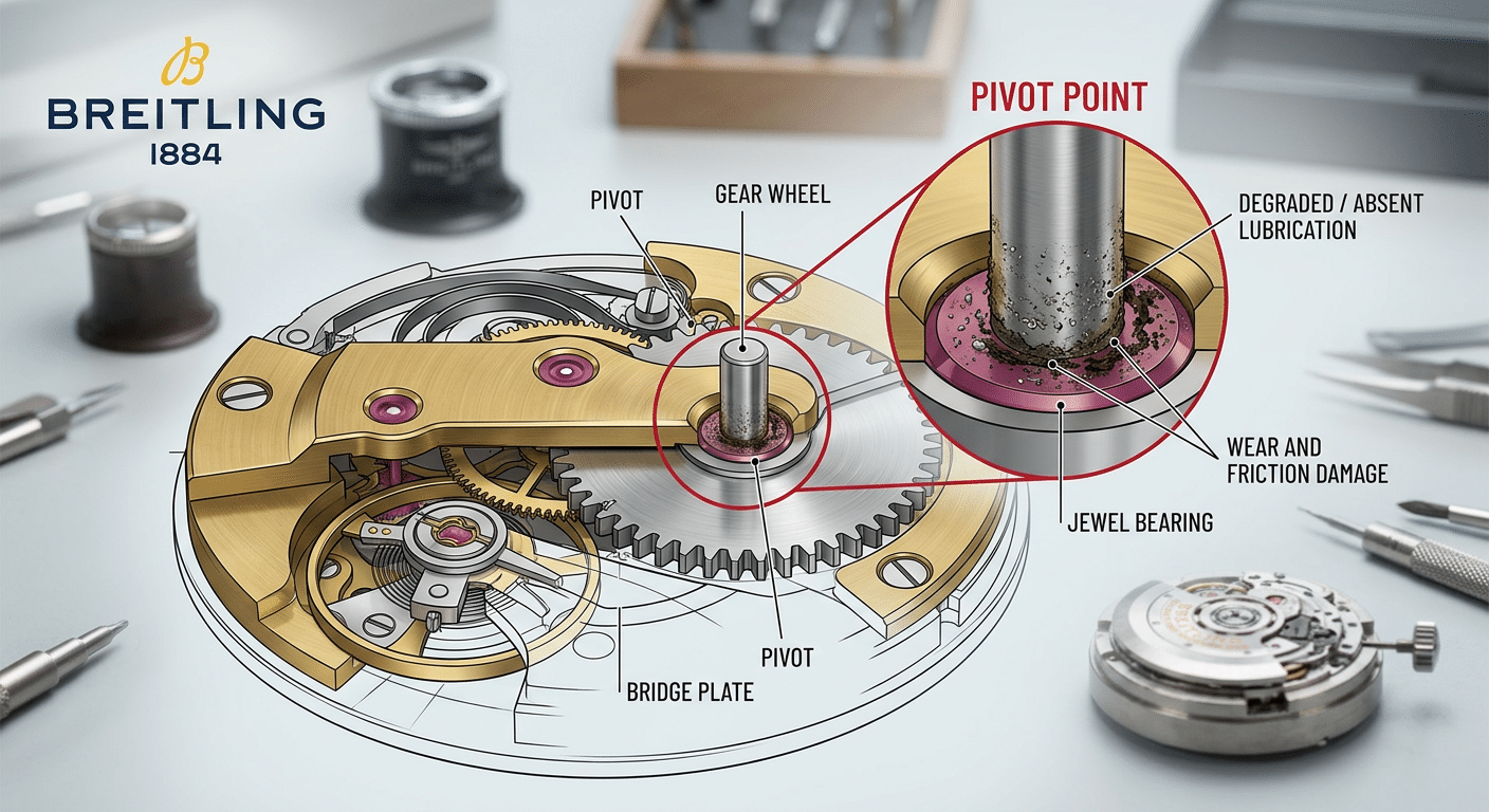 A magnified cross-section diagram highlighting a watch gear pivot point with visibly degraded or absent lubrication.