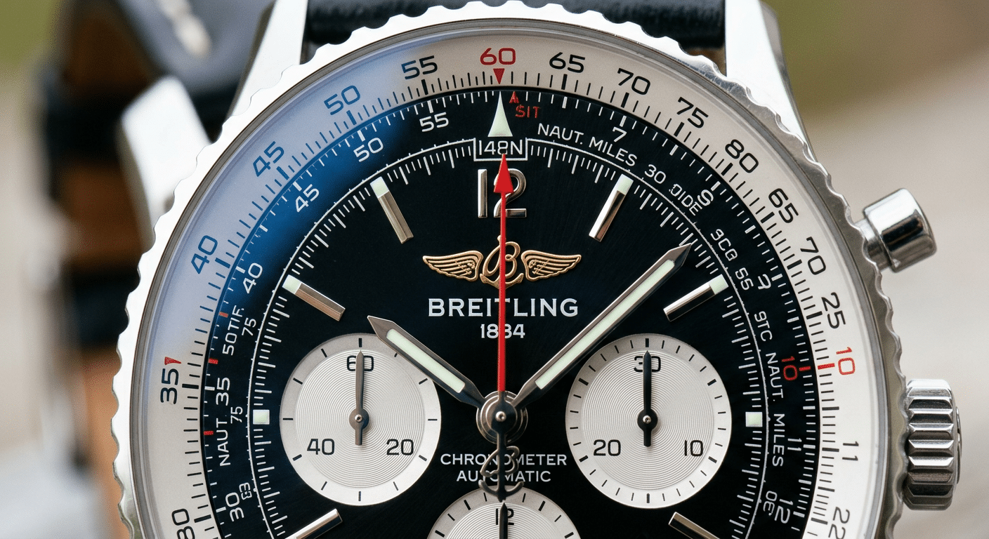 Close-up macro shot of a Breitling chronograph dial with the sweep hand slightly misaligned from the 12 o'clock marker.