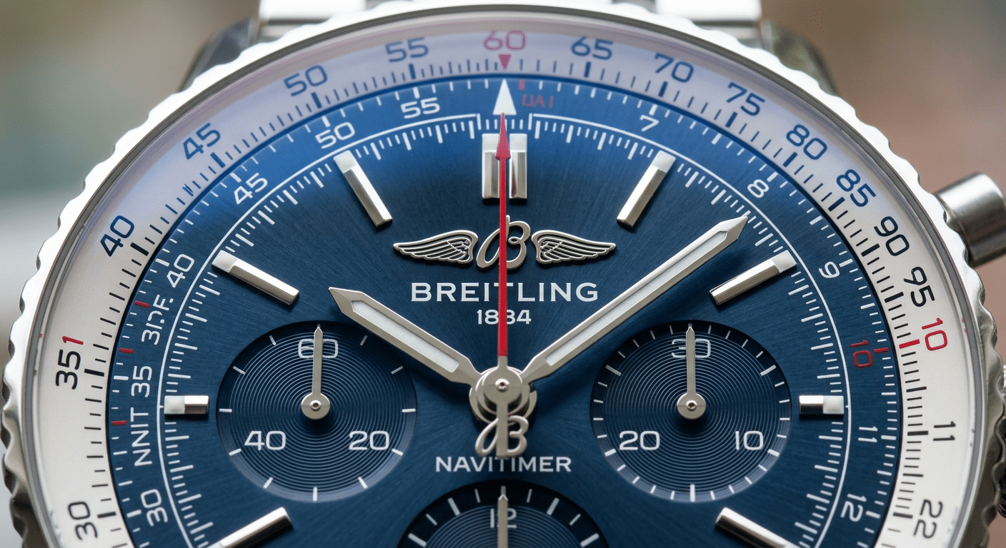 Macro shot of a Clean Factory Breitling chronograph dial, showing excellent hand alignment at the 12 o'clock position.