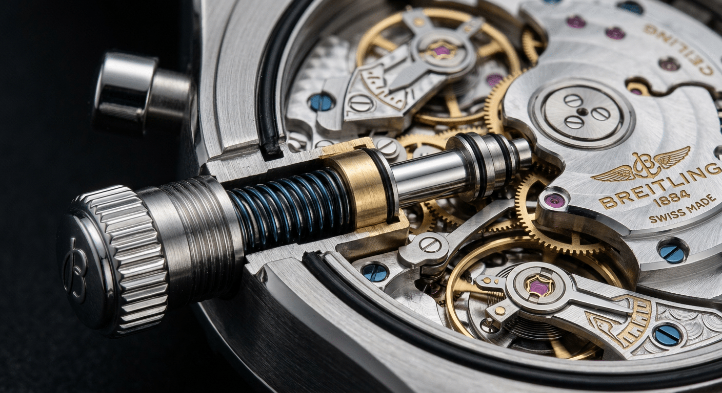 Close-up of a chronograph pusher assembly, highlighting the internal spring and stem mechanism.