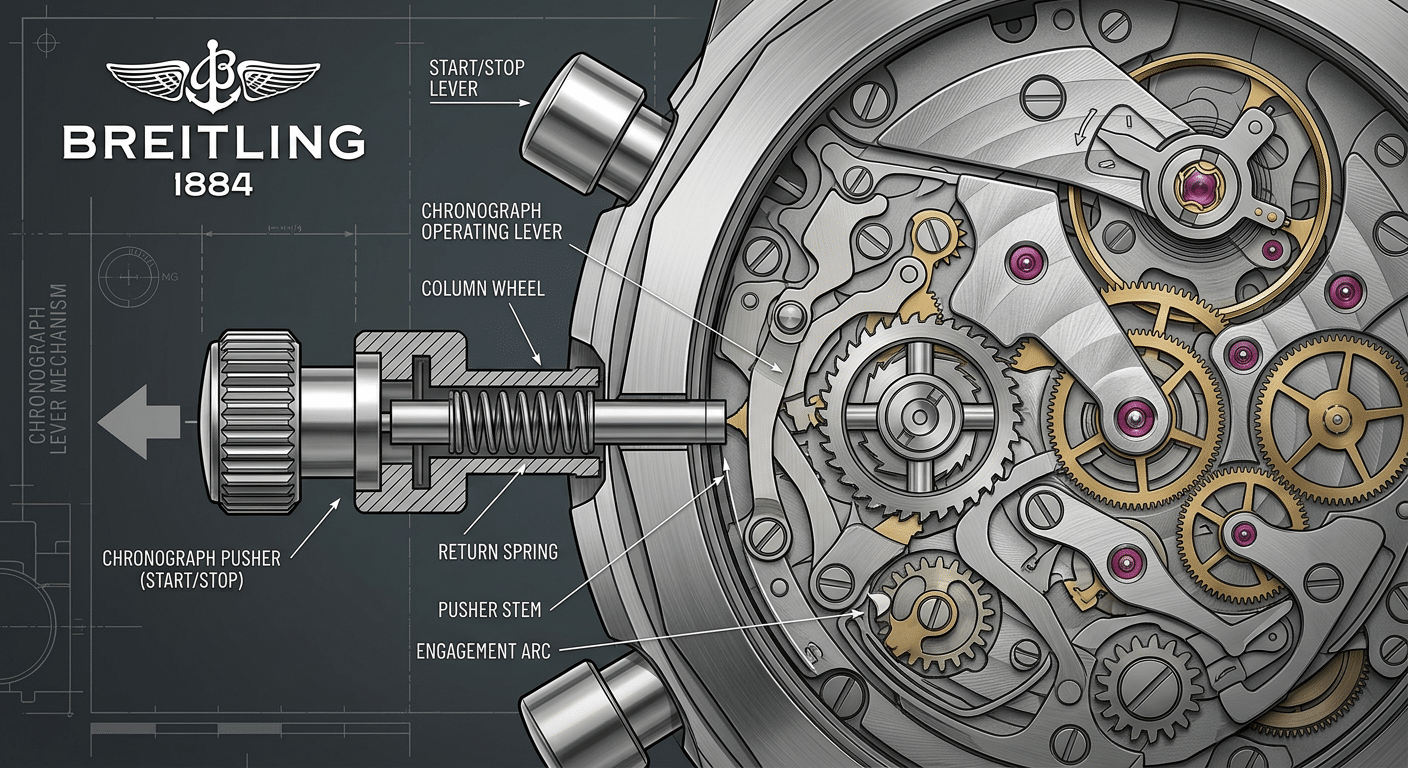 Diagram illustrating the interaction between a chronograph pusher stem and the internal lever mechanism.