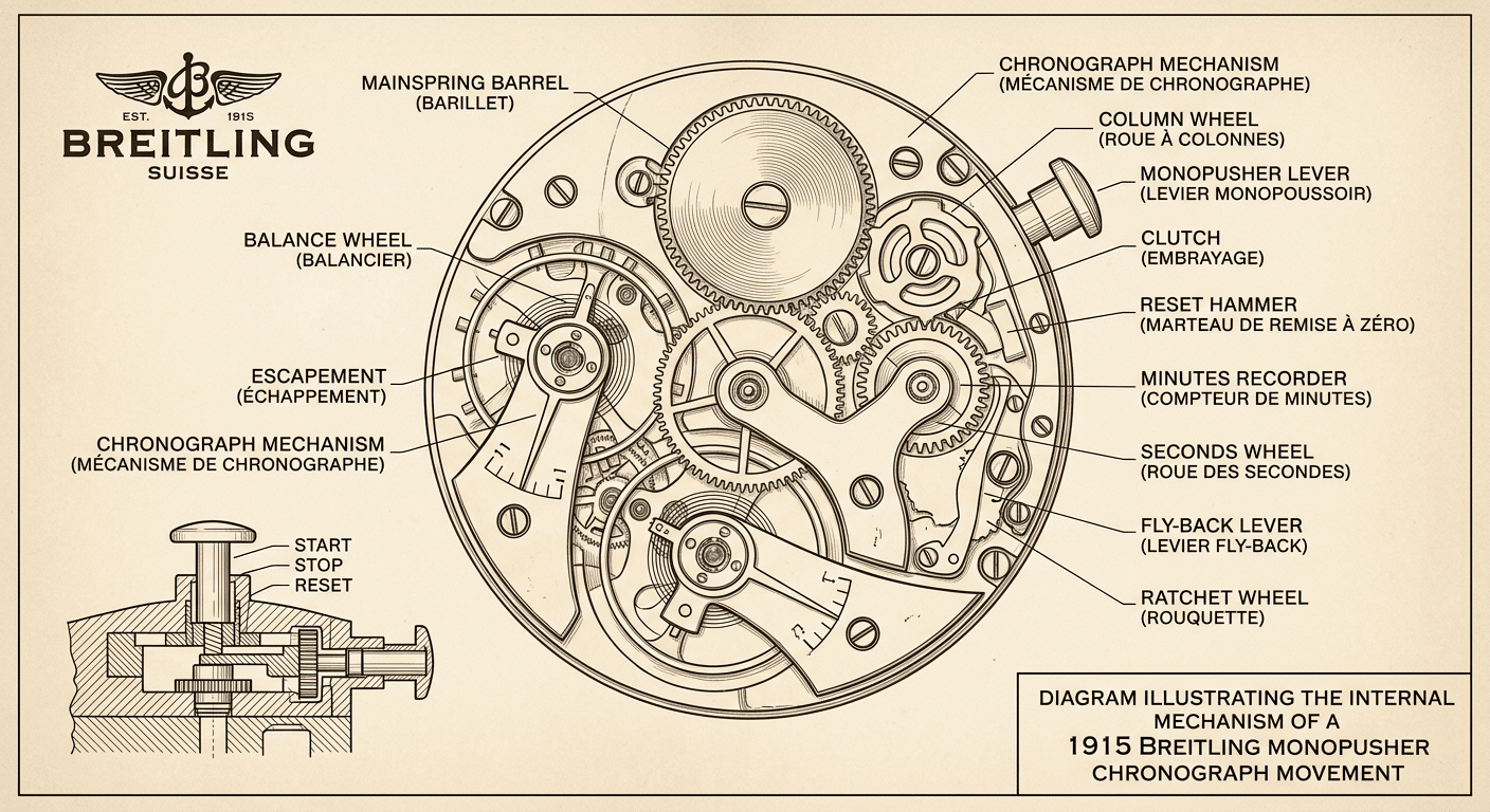 Diagram illustrating the internal mechanism of a 1915 Breitling monopusher chronograph movement.