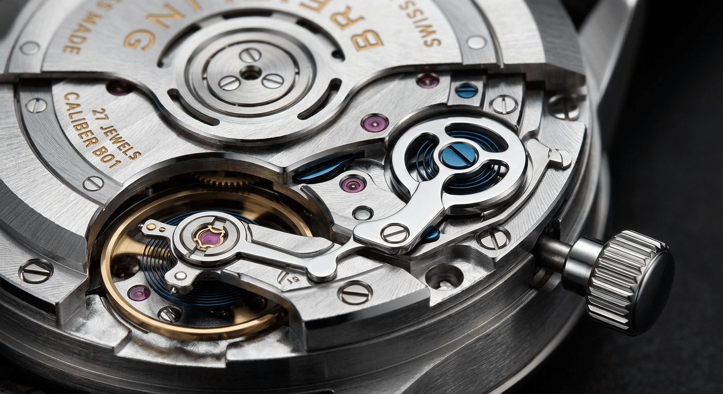 Close-up view of a 2026 super clone movement showing the single chronograph pusher mechanism.