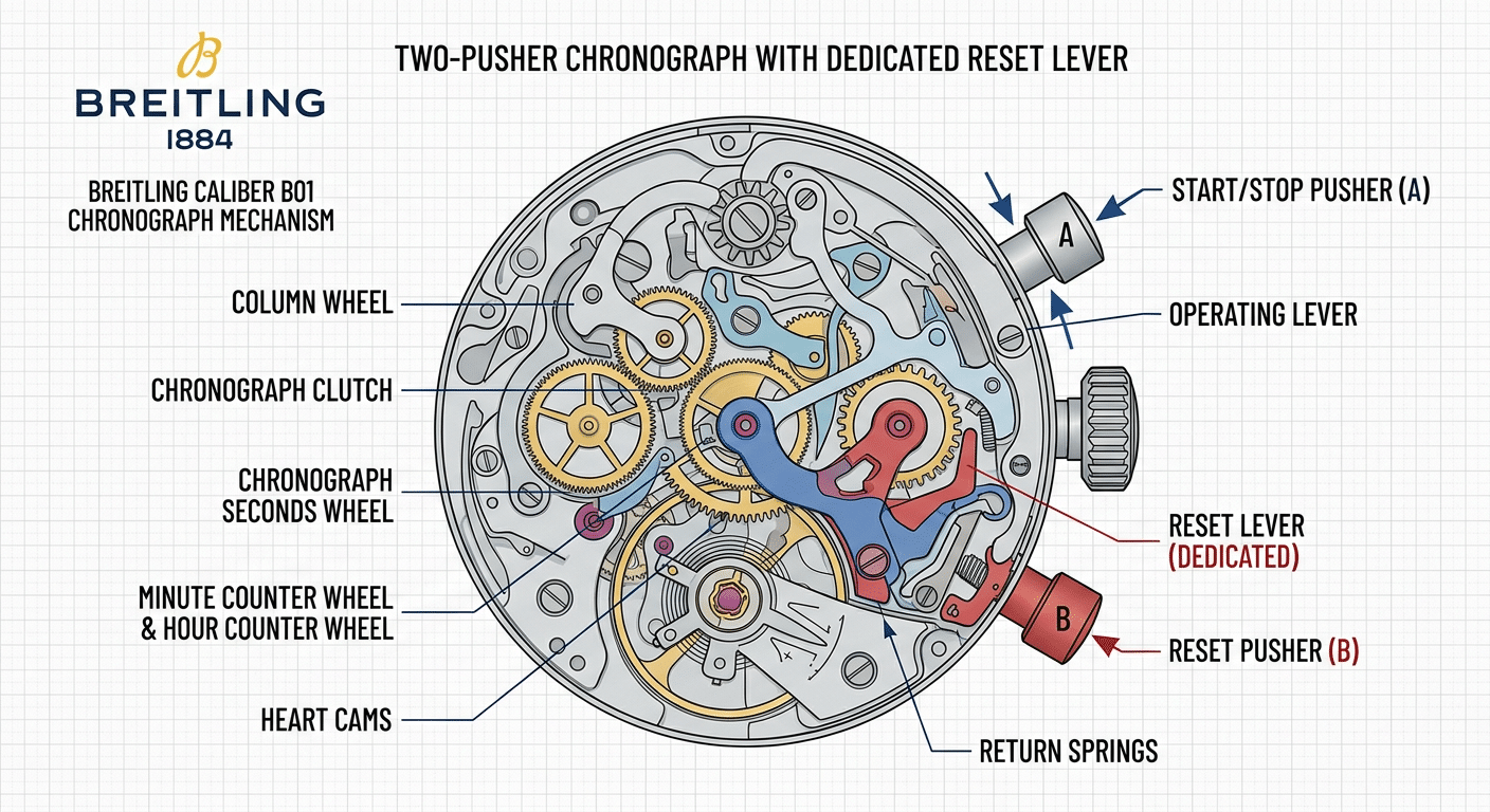 Diagram showing the two-pusher chronograph mechanism with a dedicated reset lever.