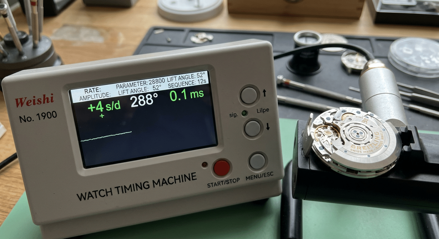 Close-up view of a timegrapher displaying the performance metrics of a replica chronograph movement, showing amplitude, beat error, and daily rate.