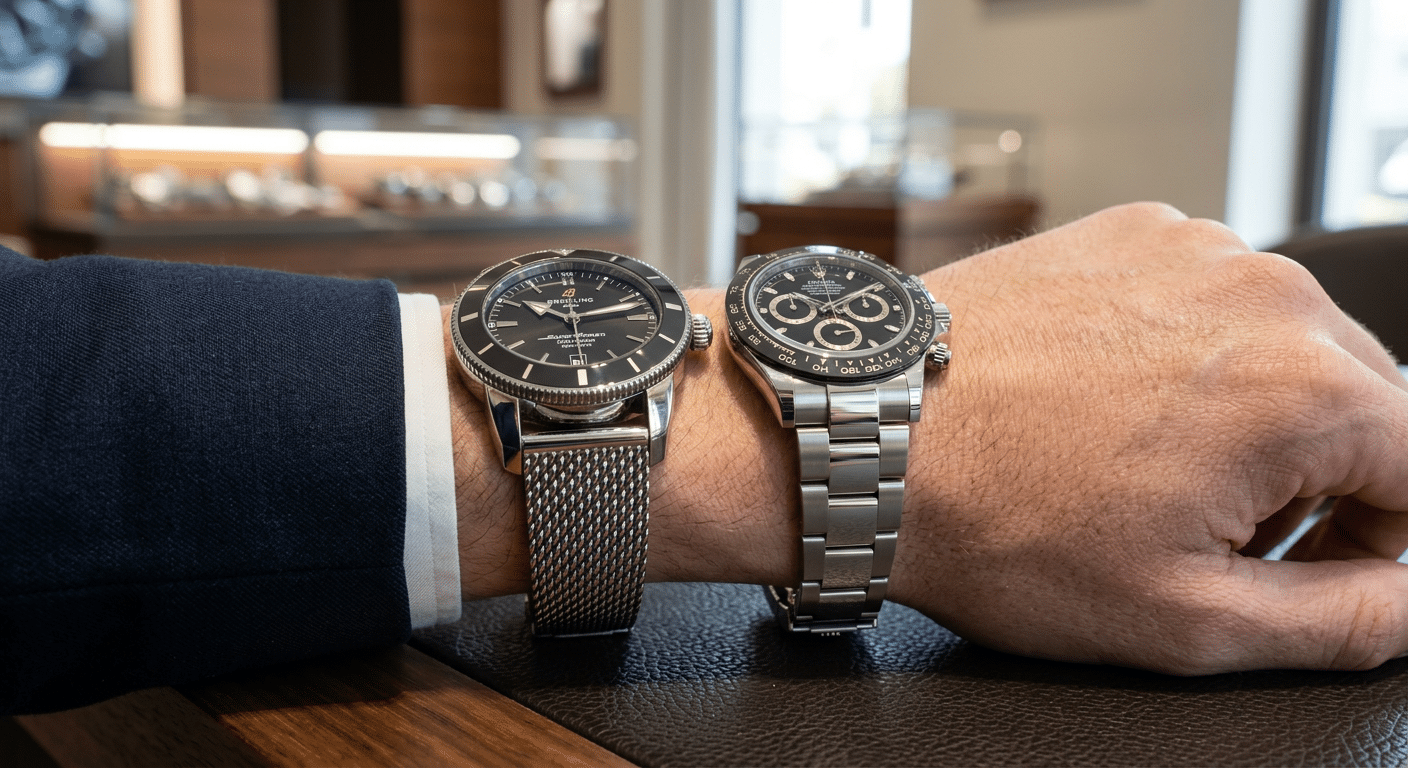 Side-by-side comparison of a Breitling super clone and a Rolex Daytona replica on a wrist, highlighting differences in case profile and bracelet articulation.