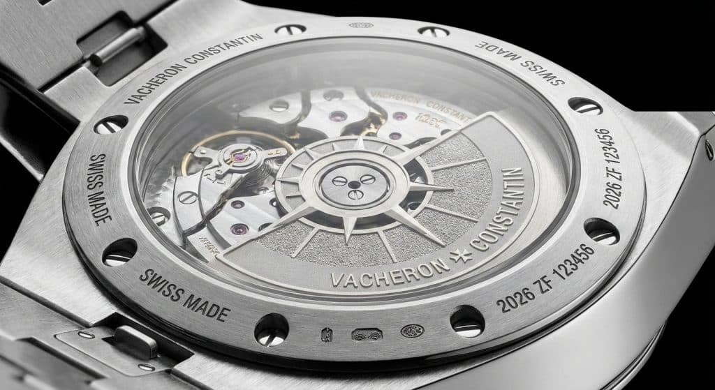 An exhibition caseback view of the 2026 ZF Vacheron Constantin Overseas shows the precision CNC engraving of the serial numbers and the perfectly flush peripheral screws.
