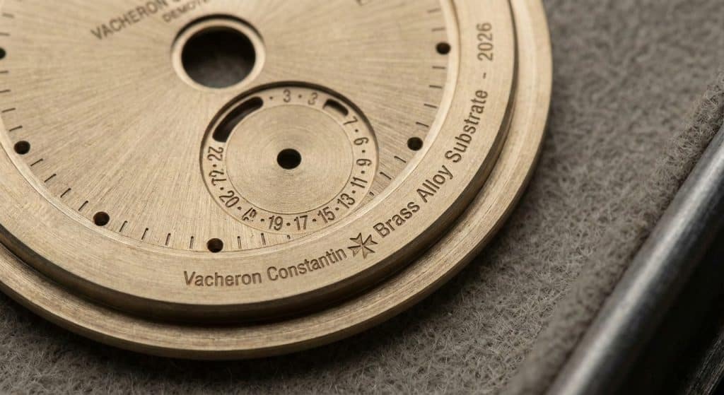 A macro technical view reveals the high-density brass alloy substrate and the CNC-milled structural precision of a 2026 ZF factory VC Overseas 4500V dial plate.