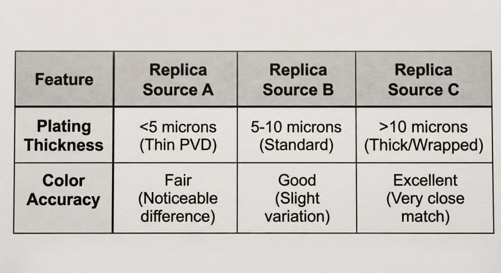 [IMAGE: Comparison table showing plating thickness and color accuracy across ZF, MKS, and KZ factories]