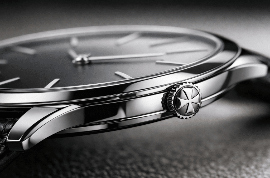 [IMAGE: Macro photograph of a 2024 MKS Vacheron Constantin Patrimony case side profile showing the polished finish and slim bezel]