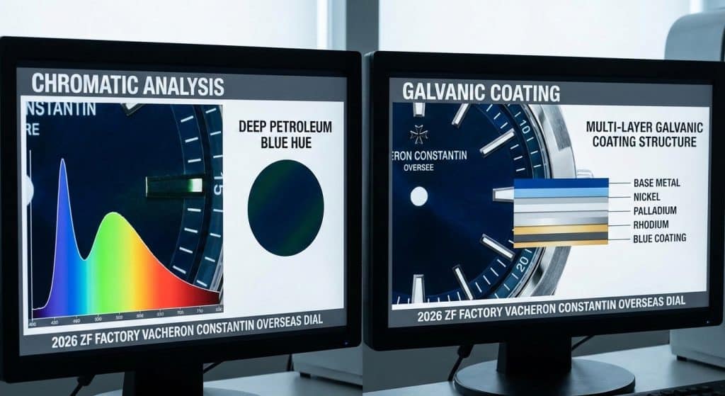 A side-by-side chromatic analysis displays the deep petroleum blue hue and multi-layer galvanic coating of a 2026 ZF factory Vacheron Constantin Overseas dial.