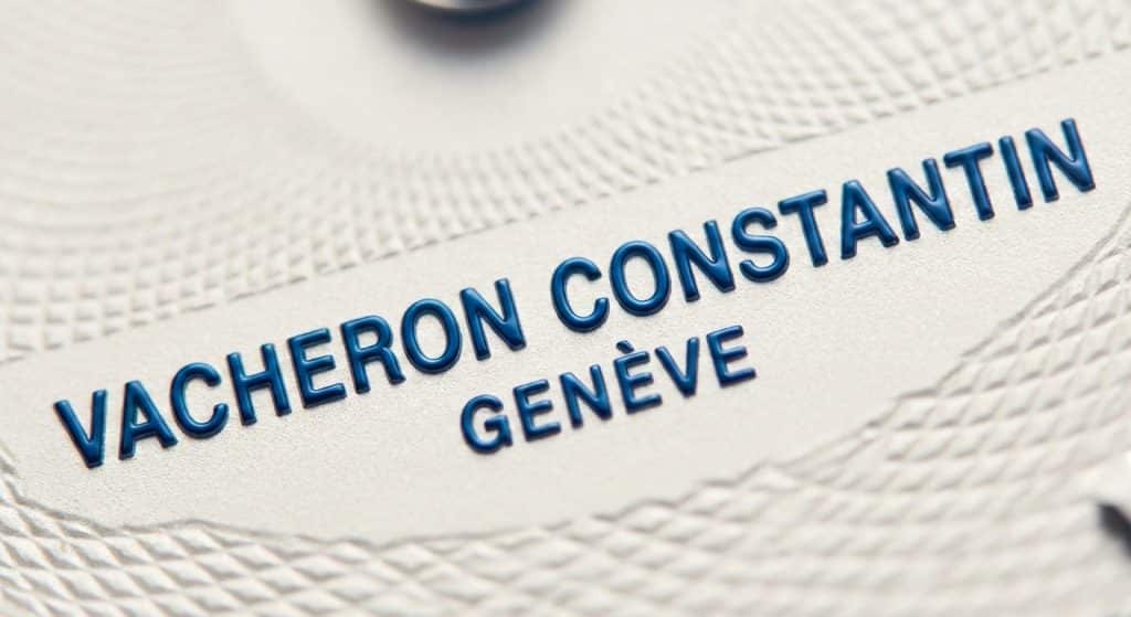 A high-resolution magnification showcases the 3D stereoscopic ink lift and precise serif execution on the "Vacheron Constantin Genève" typography of a Super Clone dial.
