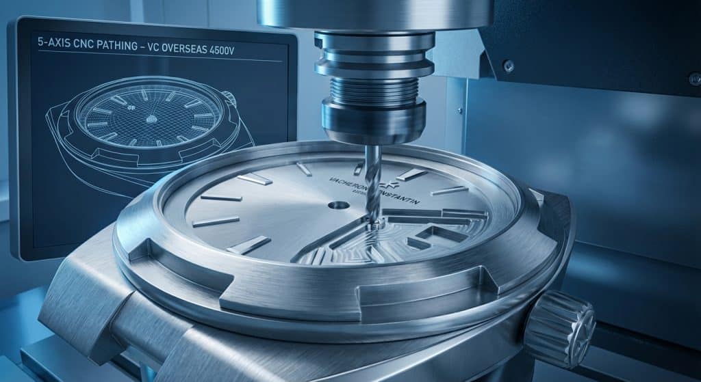 A macro technical render displays the 5-axis CNC machining pathing on the stainless steel mid-case of a 2026 ZF Vacheron Constantin Overseas 4500V.