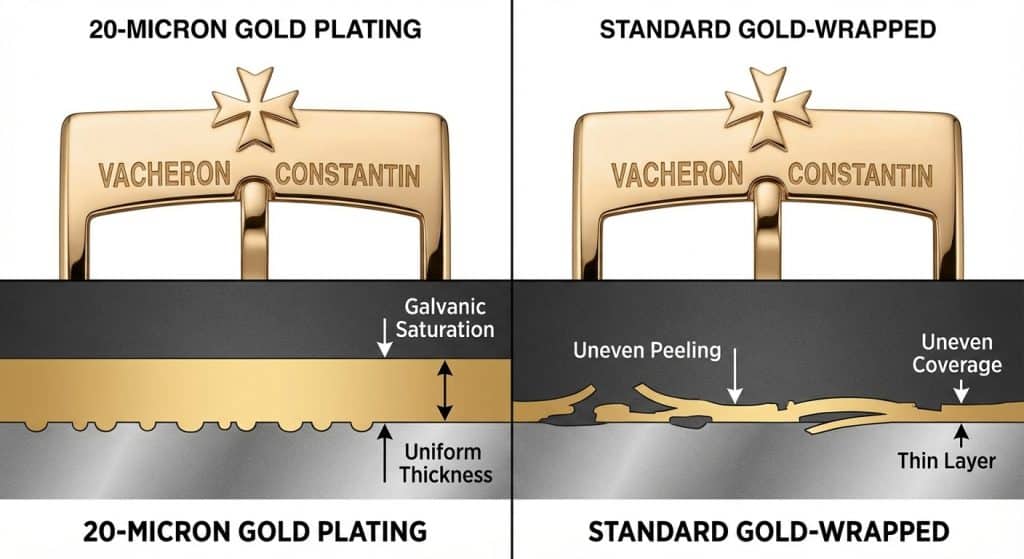 A technical comparison illustrates the Galvanic Saturation of the 20-micron gold plating on a BBR Vacheron Constantin Patrimony buckle compared to a standard gold-wrapped alternative.