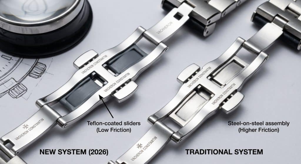 The interior architecture of a ZF V3 clasp highlights the newly implemented Teflon-coated sliders for the micro-adjustment system, contrasted against the traditional steel-on-steel assemblies.