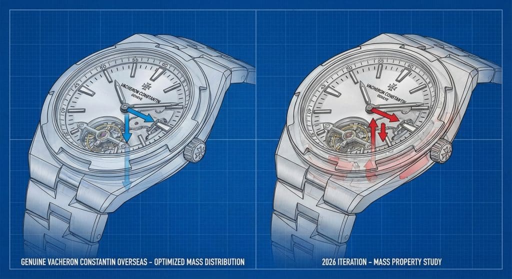 A side-by-side engineering comparison highlights the mass distribution and center of gravity between a genuine Vacheron Constantin Overseas and the 2026 ZF iteration.