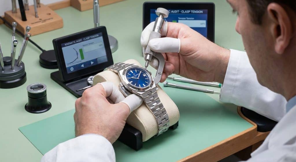 A professional watchmaker performs a final kinematic audit on a 2026 ZF Vacheron Constantin Overseas, testing the quick-release system and clasp tension.