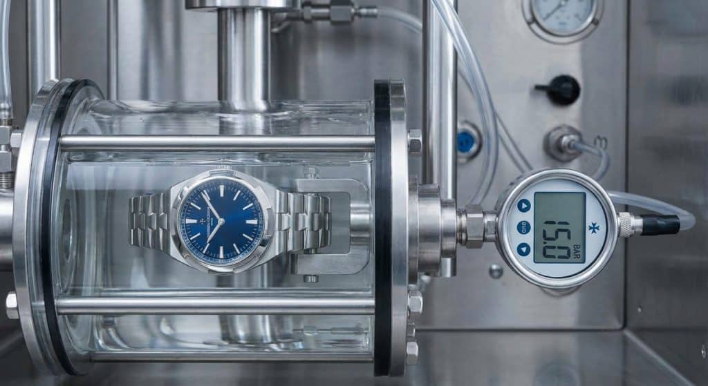 A high-precision hydrostatic testing chamber subjects the 41mm stainless steel case of a ZF Factory Vacheron Constantin Overseas 4500V to a simulated 15-bar depth analysis.