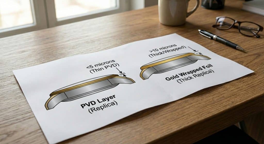 [IMAGE: Cross-section diagram showing PVD layer thickness vs. Gold Wrapped foil thickness on a replica watch case]