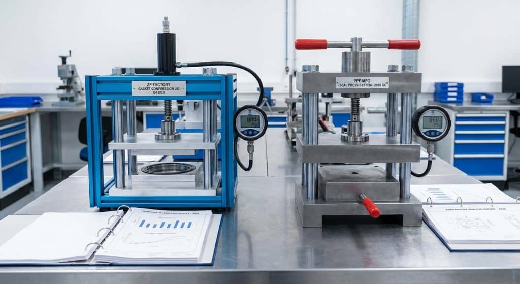 A side-by-side technical comparison shows the case-back gasket compression jigs of ZF and PPF factories during the 2026 quality control phase.