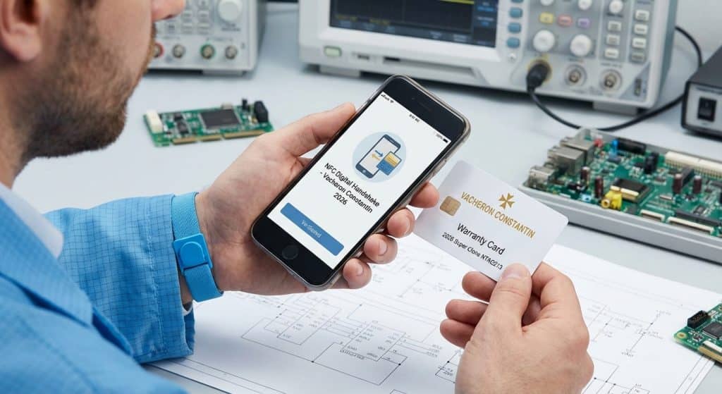 An engineer demonstrates the digital handshake between a mobile device and the embedded NTAG213 NFC chip within the 2026 Super Clone warranty card.