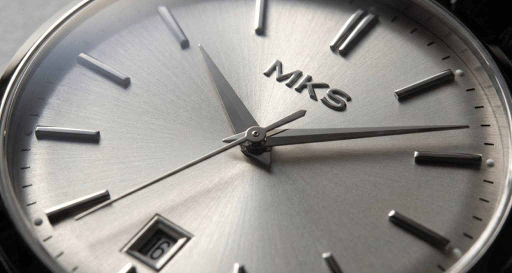 [IMAGE: MKS Patrimony 85180 dial macro showing sunburst pattern and applied index registration under raking light]