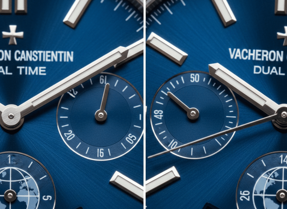 IMAGE: Split-screen macro shot comparing MKS and TW dials side-by-side, highlighting date window font and sunburst texture differences