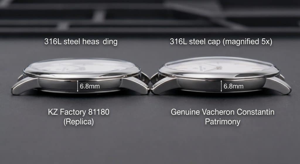[IMAGE: Side profile comparison between KZ Factory 81180 and genuine Patrimony showing case thickness and crystal curvature at 5x magnification]