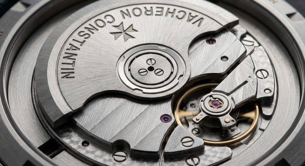 [IMAGE: Macro of the Miyota 9015 movement with 2026 silent rotor modification and VC-style bridge engraving showing perlage and Côtes de Genève]