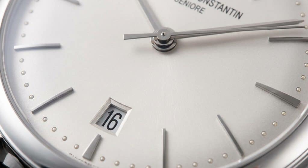[IMAGE: Frontal view of ZF Factory 85180 V2 silver dial showing date window chamfering and hand-stack height]