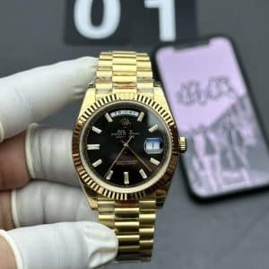 Rolex Yellow Gold Day= Date 40mm Fluted Bezel -Black Baguette Diamond Dial228238 replica