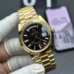 Rolex Yellow Gold Day= Date 40mm Fluted Bezel -Black Baguette Diamond Dial228238 replica