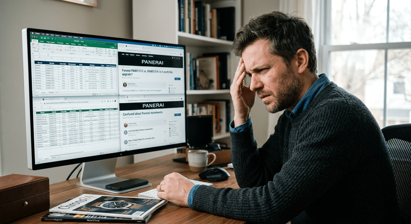 A frustrated person looking at a screen filled with multiple watch comparison charts and forum threads.