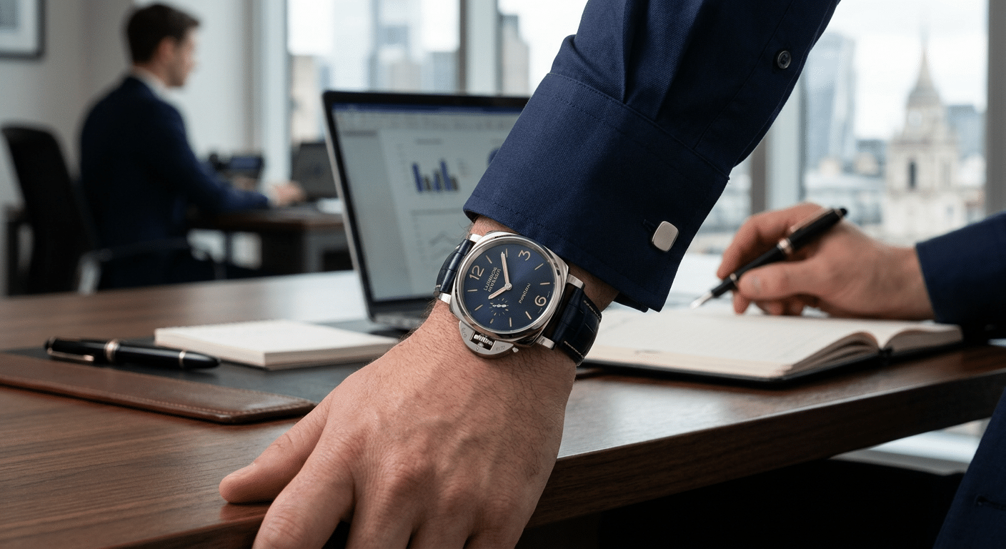 A Luminor Due 42mm (PAM1312) peeking out from under a tailored dress shirt cuff in an office setting.