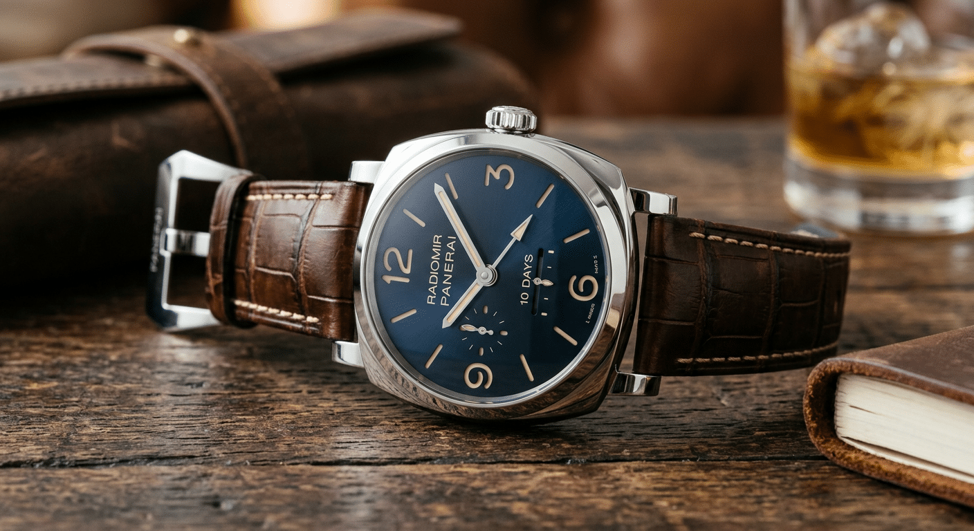 A close-up of a Radiomir 1940 (PAM00094) with its wire lugs and minimalist dial on a leather strap.