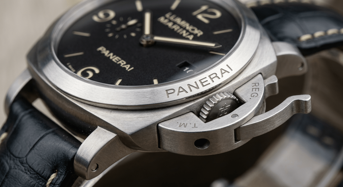 Macro shot of a Panerai crown guard lever showing precise machining