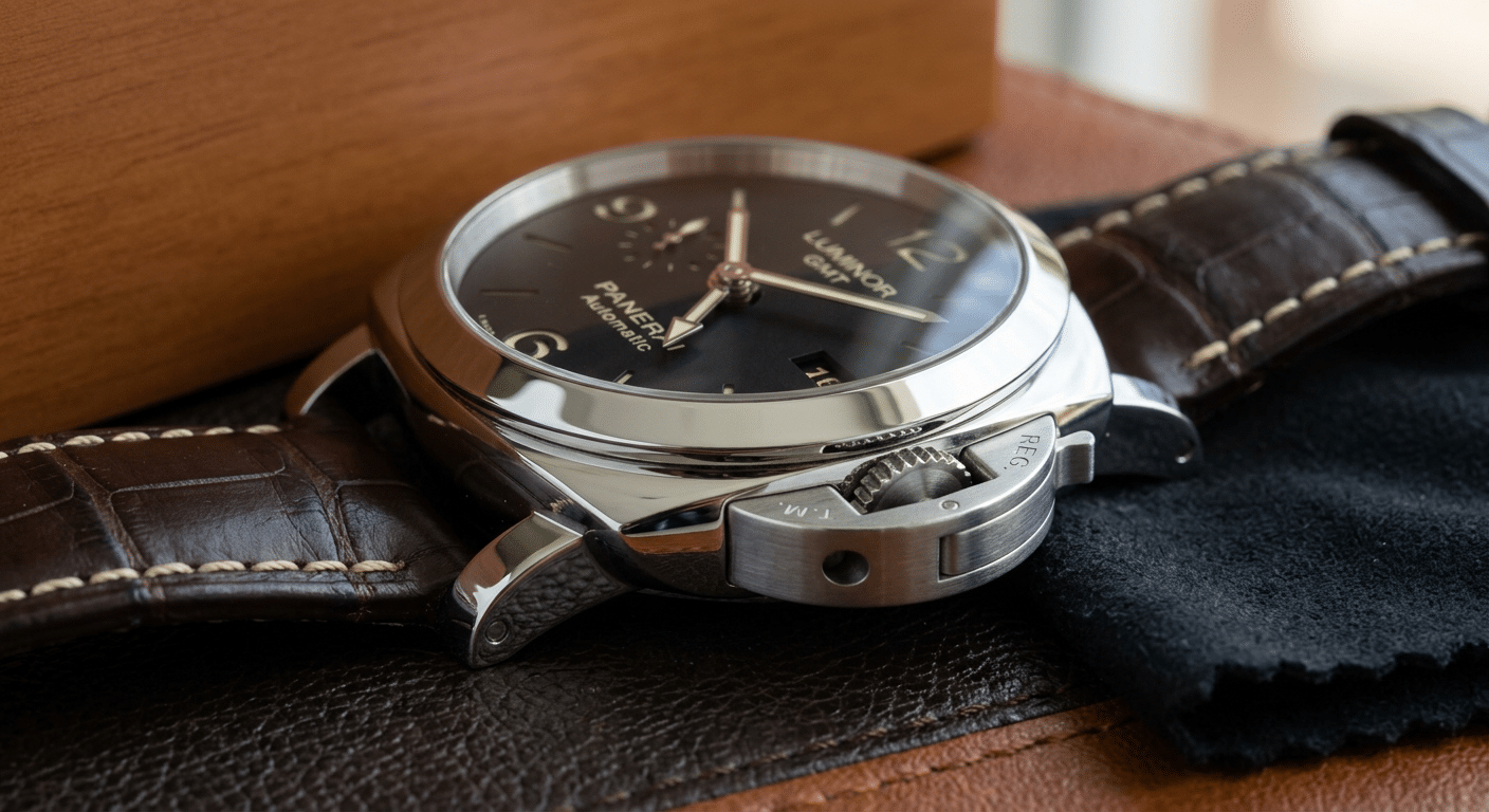 Close-up of Clean Factory's 904L steel case showing high-polish reflection